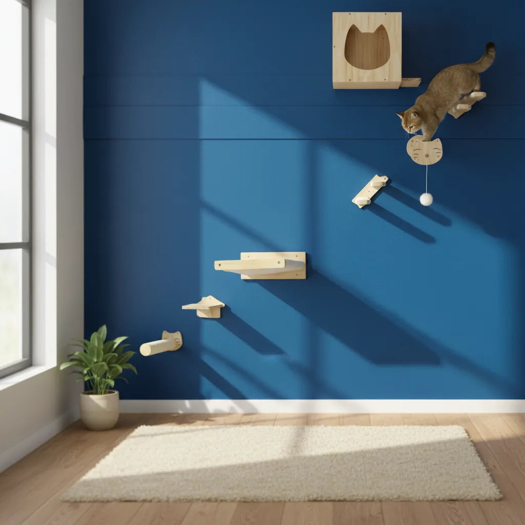 Cat Wall Mounted Playground Set – 6 Piece Pine Wood Activity Center