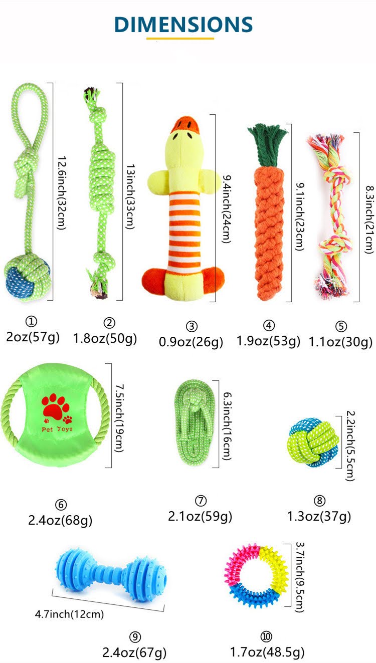 Illustrations of various dog toys with dimensions listed below each.
