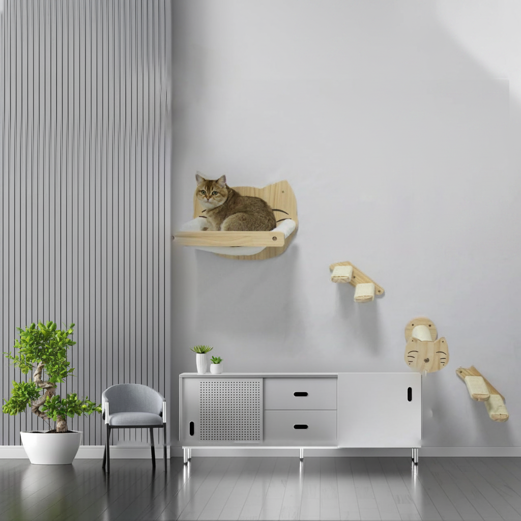 Wall-mounted cat furniture set in modern living room with tabby cat