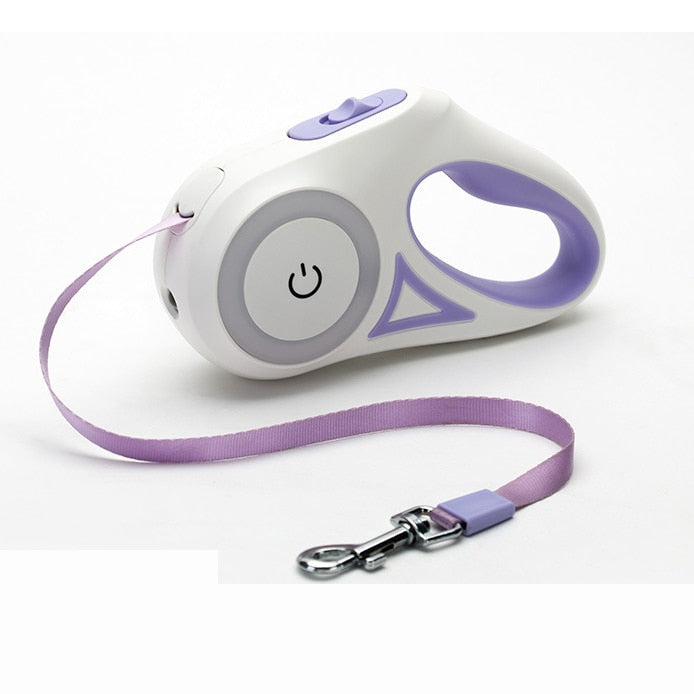 Retractable dog leash with white handle and purple accents on a white background