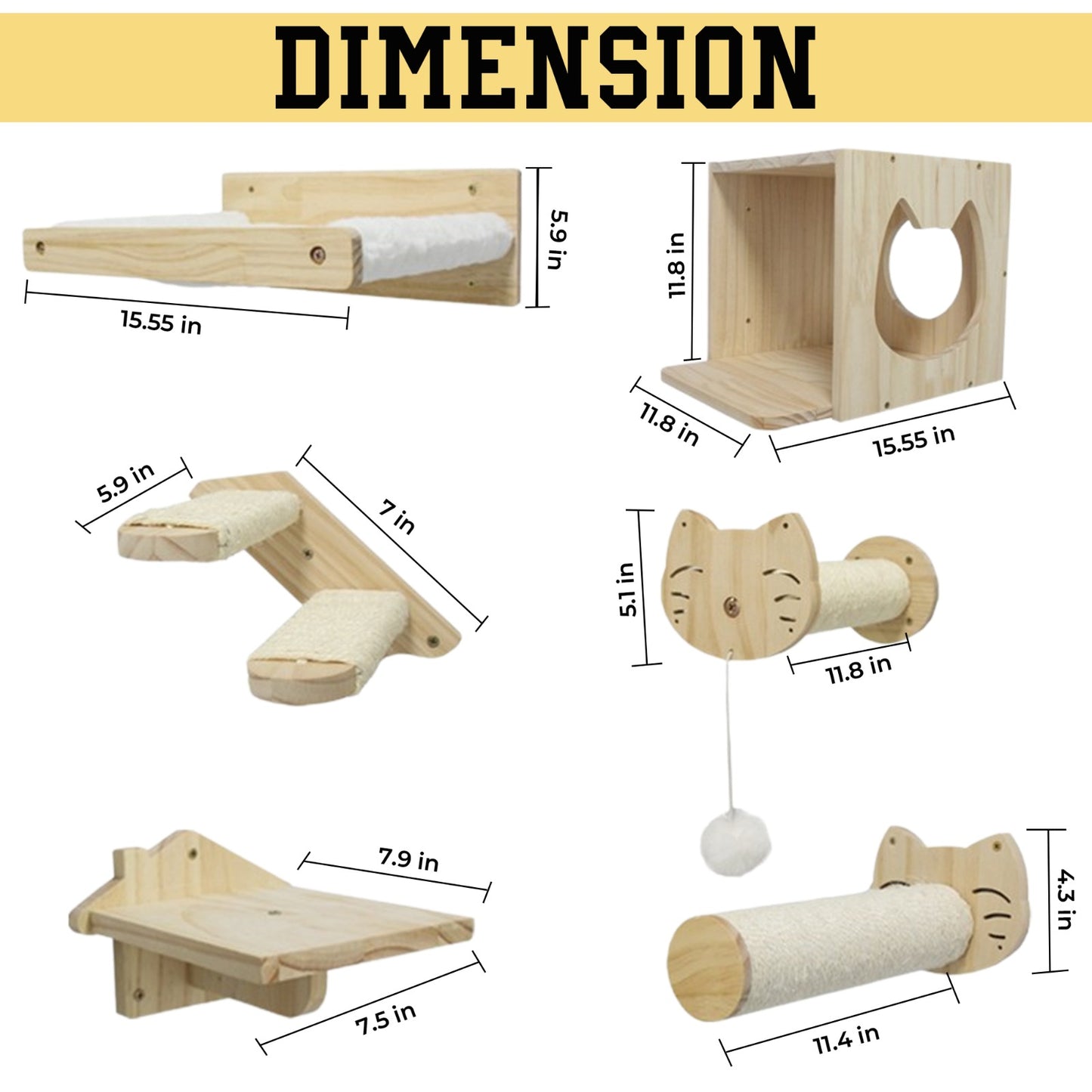 Cat Wall Mounted Playground Set – 6 Piece Pine Wood Activity Center