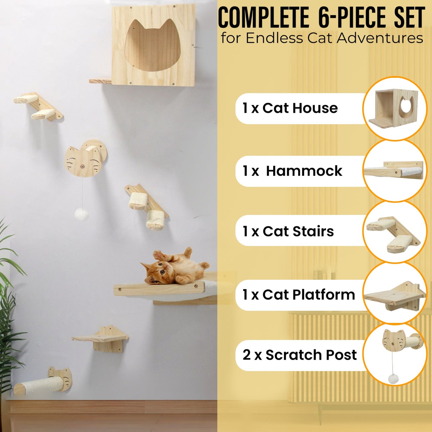 Cat Wall Mounted Playground Set – 6 Piece Pine Wood Activity Center