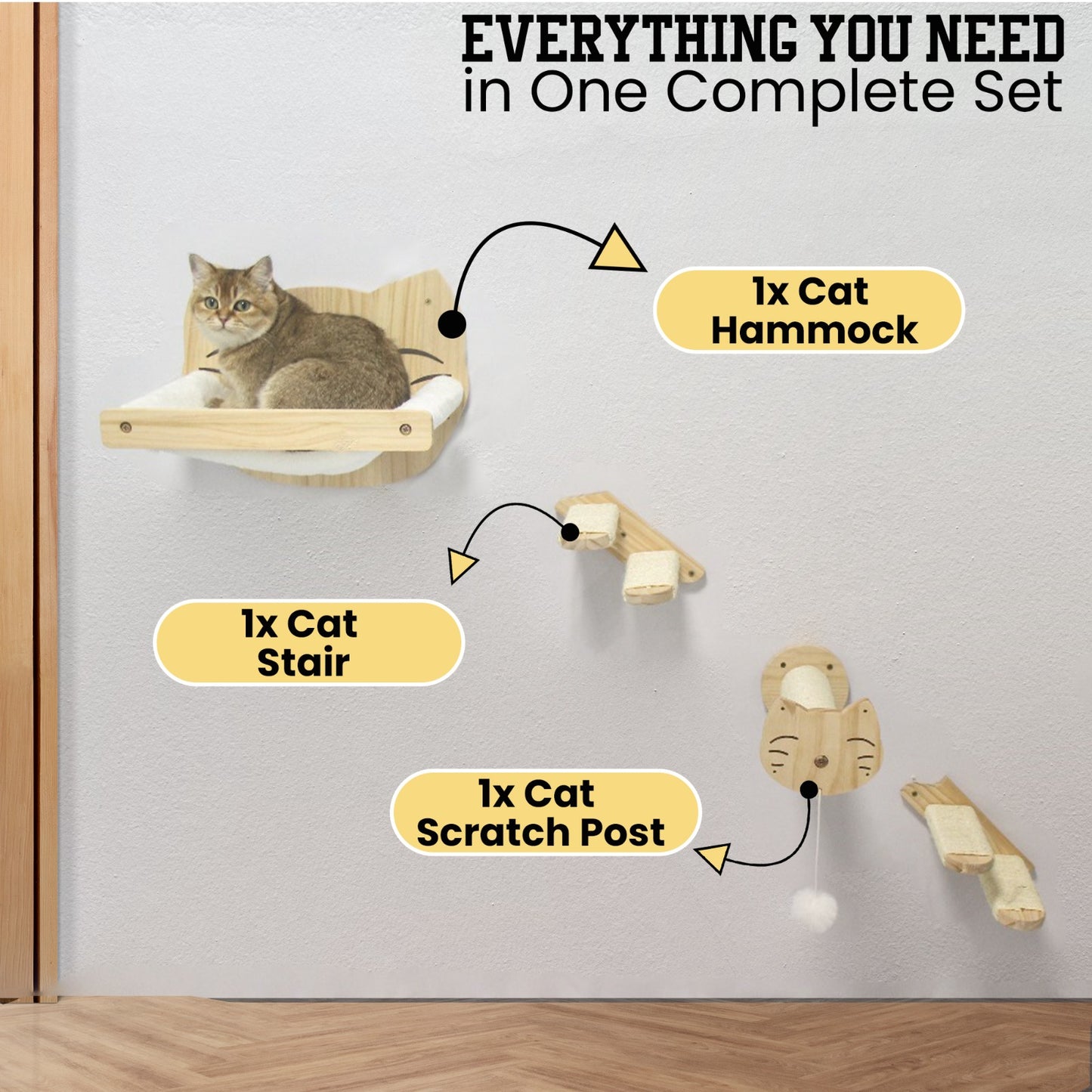 Cat Wall Mounted Playground Set – 6 Piece Pine Wood Activity Center