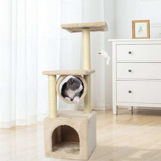 Cat Tree House Tower with Scratching Post & Toy Mouse