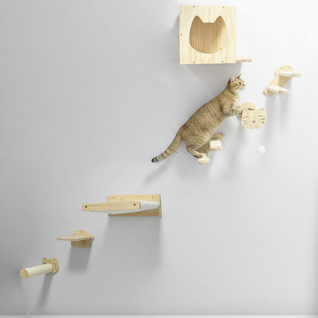 6-piece wall-mounted cat furniture set hero shot on white background