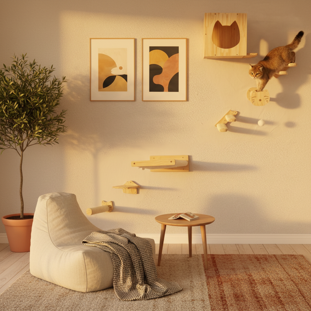Wall-mounted cat playground set in cozy Scandinavian living room with tabby cat climbing