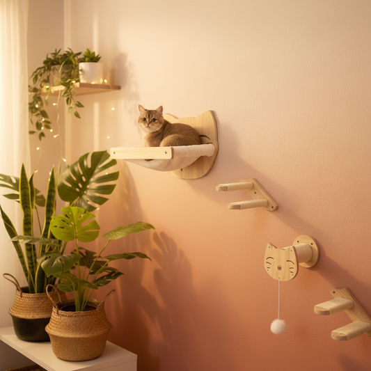 Wall-mounted cat hammock and scratch post in boho warm terracotta interior