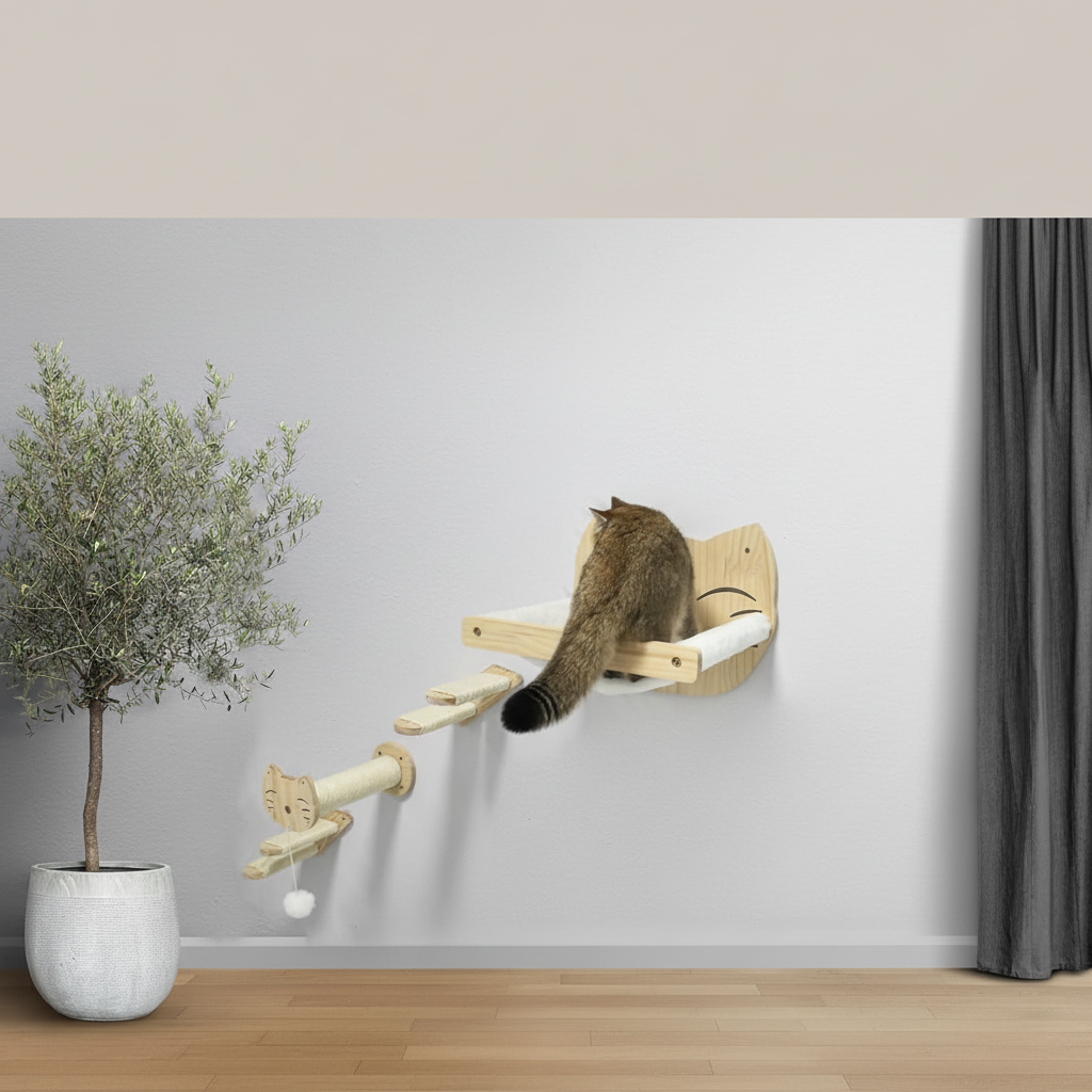 Cat climbing wall-mounted pine wood shelves and scratch post