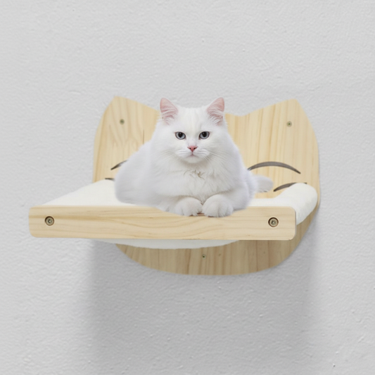 Wall-mounted cat hammock shelf with white cat, natural pine wood, clean background