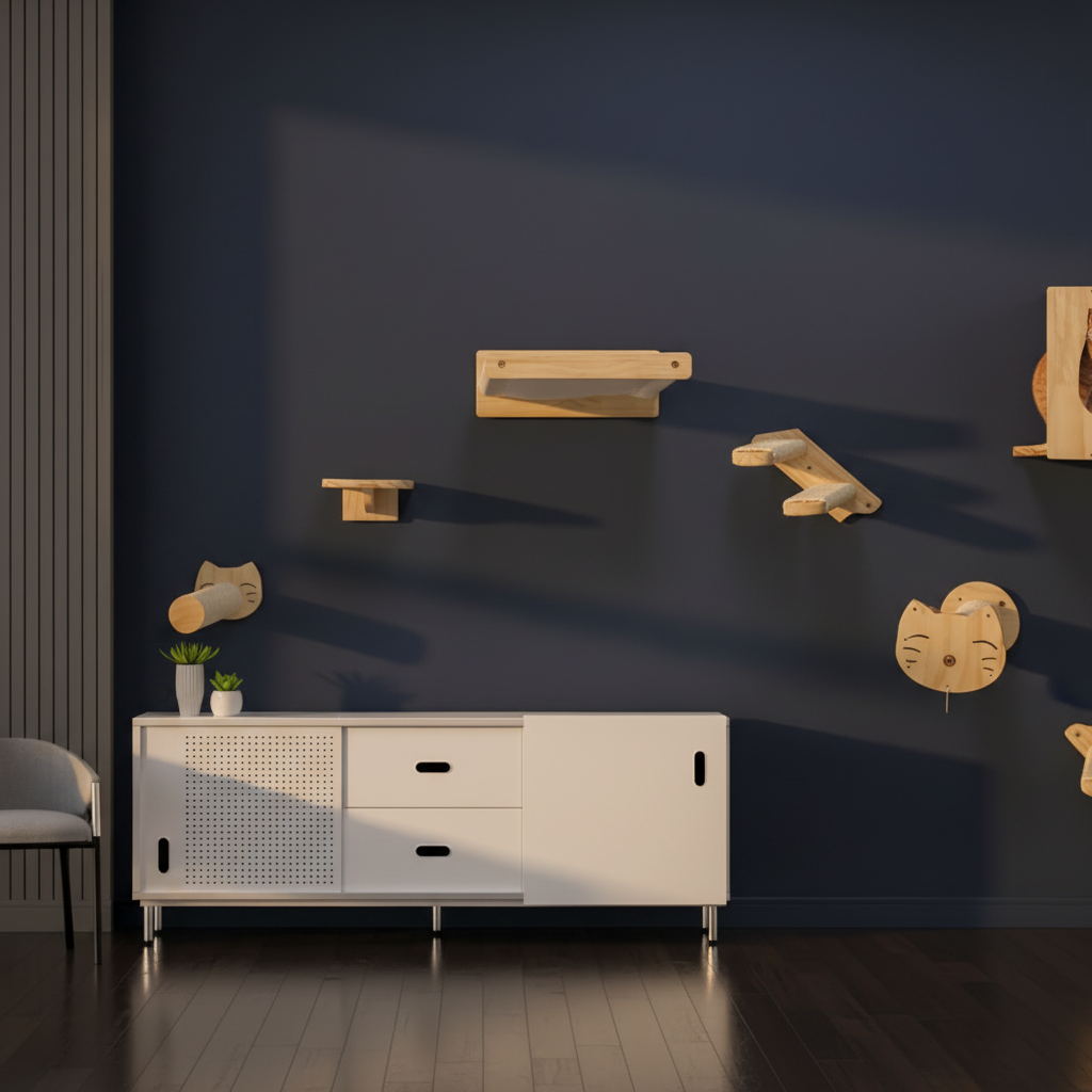 Luxury editorial photo of wall-mounted cat activity center on navy blue wall